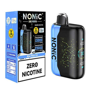 NONIC Blue Razz Ice 25K ZERO Nicotine Disposable packaging and device illustration