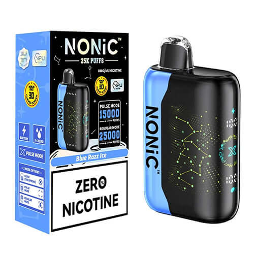 NONIC Blue Razz Ice 25K ZERO Nicotine Disposable packaging and device illustration