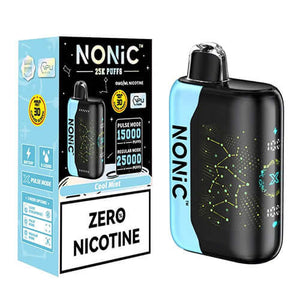 NONIC Cool Mint 25K ZERO Nicotine Disposable device with packaging showcasing flavors and features.