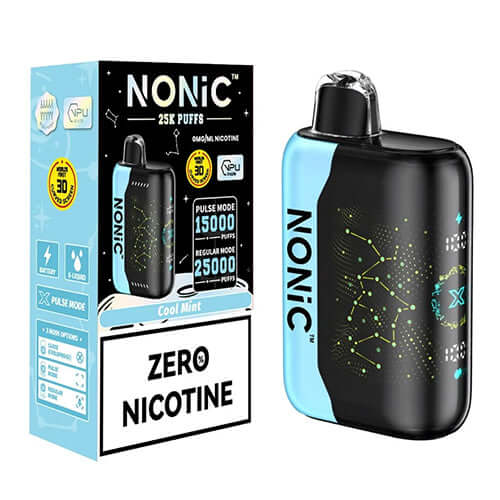 NONIC Cool Mint 25K ZERO Nicotine Disposable device with packaging showcasing flavors and features.