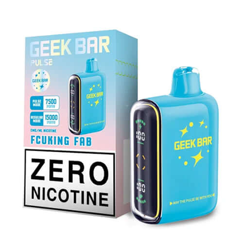 Geek Bar Pulse Fcuking Fab 15K ZERO Nicotine Disposable vape with colorful design and LED screen.