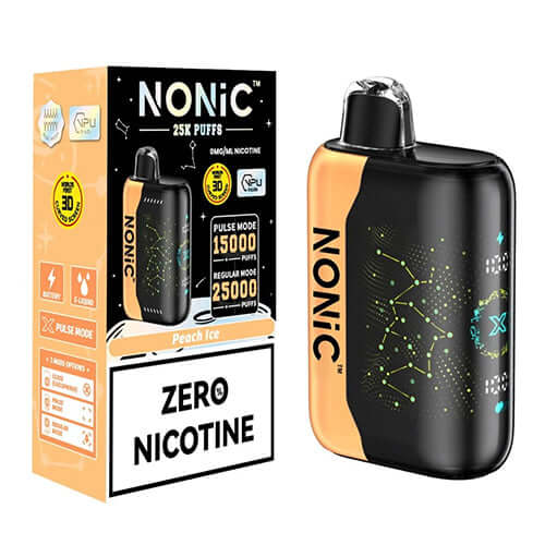 NONIC Peach Ice 25K ZERO Nicotine Disposable packaging and device with sleek design and vibrant colors.