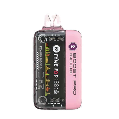 Pyne Pod Boost Pro Peach Slush 20K Zero Nicotine Disposable in sleek design with vibrant colors.