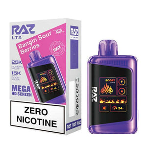 RAZ LTX Bangin Sour Berries 25K ZERO Nicotine Disposable packaging with device and zero nicotine label.