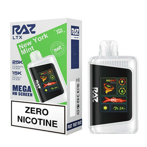 RAZ LTX New York Mint 25K ZERO Nicotine Disposable packaging and device with Mega HD screen.