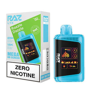 RAZ LTX Razzle Dazzle 25K ZERO Nicotine Disposable with Mega HD screen and USB-C charging.