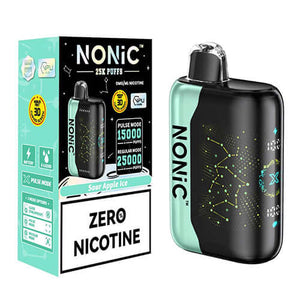 NONIC Sour Apple Ice 25K ZERO Nicotine Disposable vape device and packaging showcasing icy flavor and high puff count.