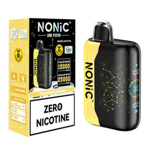 NONIC Strawberry Banana 25K ZERO Nicotine Disposable vape device with yellow and black design.