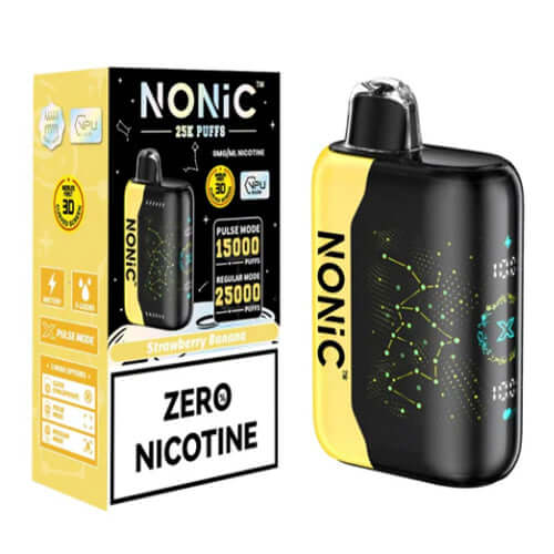NONIC Strawberry Banana 25K ZERO Nicotine Disposable vape device with yellow and black design.