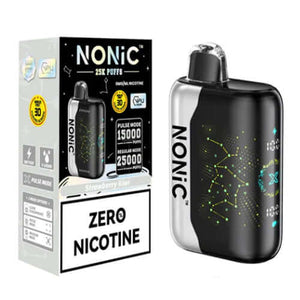 NONIC Strawberry Kiwi 25K ZERO Nicotine Disposable with packaging showcasing features and design.