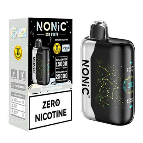 NONIC Strawberry Kiwi 25K ZERO Nicotine Disposable with packaging showcasing features and design.