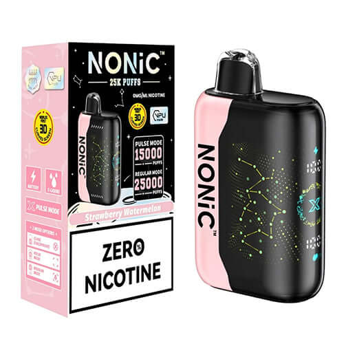 NONIC Strawberry Watermelon 25K ZERO Nicotine Disposable with 25,000 puffs and zero nicotine for a refreshing vape experience.