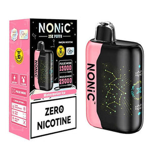 NONIC Watermelon Ice 25K ZERO Nicotine Disposable with vibrant packaging showcasing flavors and specifications.