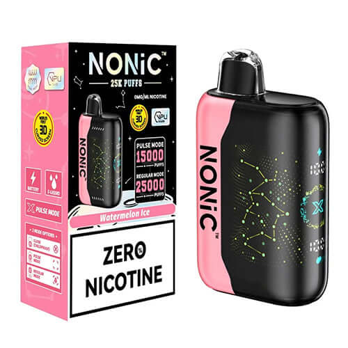 NONIC Watermelon Ice 25K ZERO Nicotine Disposable with vibrant packaging showcasing flavors and specifications.