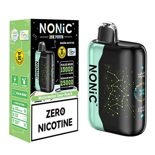 NONIC Watermelon Sour Peach 25K ZERO Nicotine Disposable packaging and device featuring vibrant design.