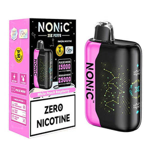 NONIC White Peach Raspberry 25K ZERO Nicotine Disposable vape with bold design and packaging.