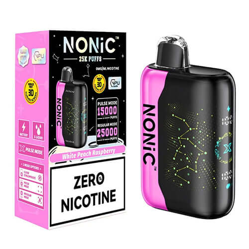 NONIC White Peach Raspberry 25K ZERO Nicotine Disposable vape with bold design and packaging.