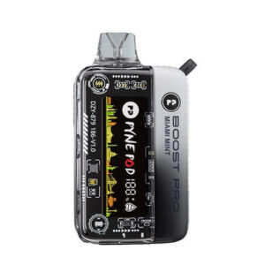 Pyne Pod Boost Pro Miami Mint 20K ZERO Nicotine Disposable vape device with sleek design and LED display.