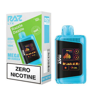 RAZ LTX Razzle Dazzle 25K ZERO Nicotine Disposable with Mega HD screen and USB-C charging.