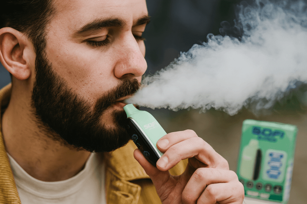 Man vaping a SOFI Surge zero nicotine disposable