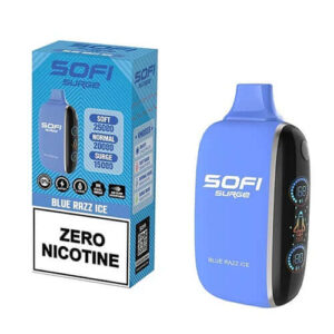 SOFI Surge Blue Razz Ice 25K ZERO Nicotine Disposable vape with blue design and packaging.