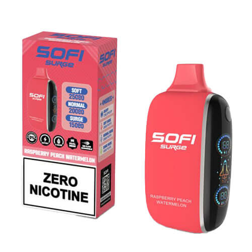 SOFI Surge Raspberry Peach Watermelon 25K ZERO Nicotine Disposable vape with packaging and device display.
