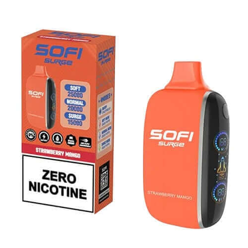 SOFI Surge Strawberry Mango 25K ZERO Nicotine Disposable vape with adjustable power modes and vibrant flavor.