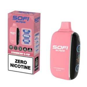 SOFI Surge Strawberry B-Pop 25K ZERO Nicotine Disposable pink vape device with packaging showing zero nicotine.