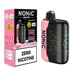 NONIC Watermelon Ice 25K ZERO Nicotine Disposable with vibrant packaging showcasing flavors and specifications.